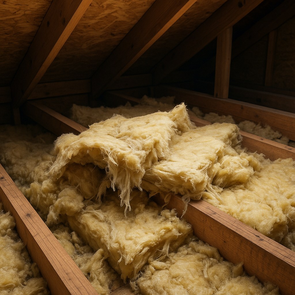 Torn and damaged pink fiberglass insulation in an attic space.