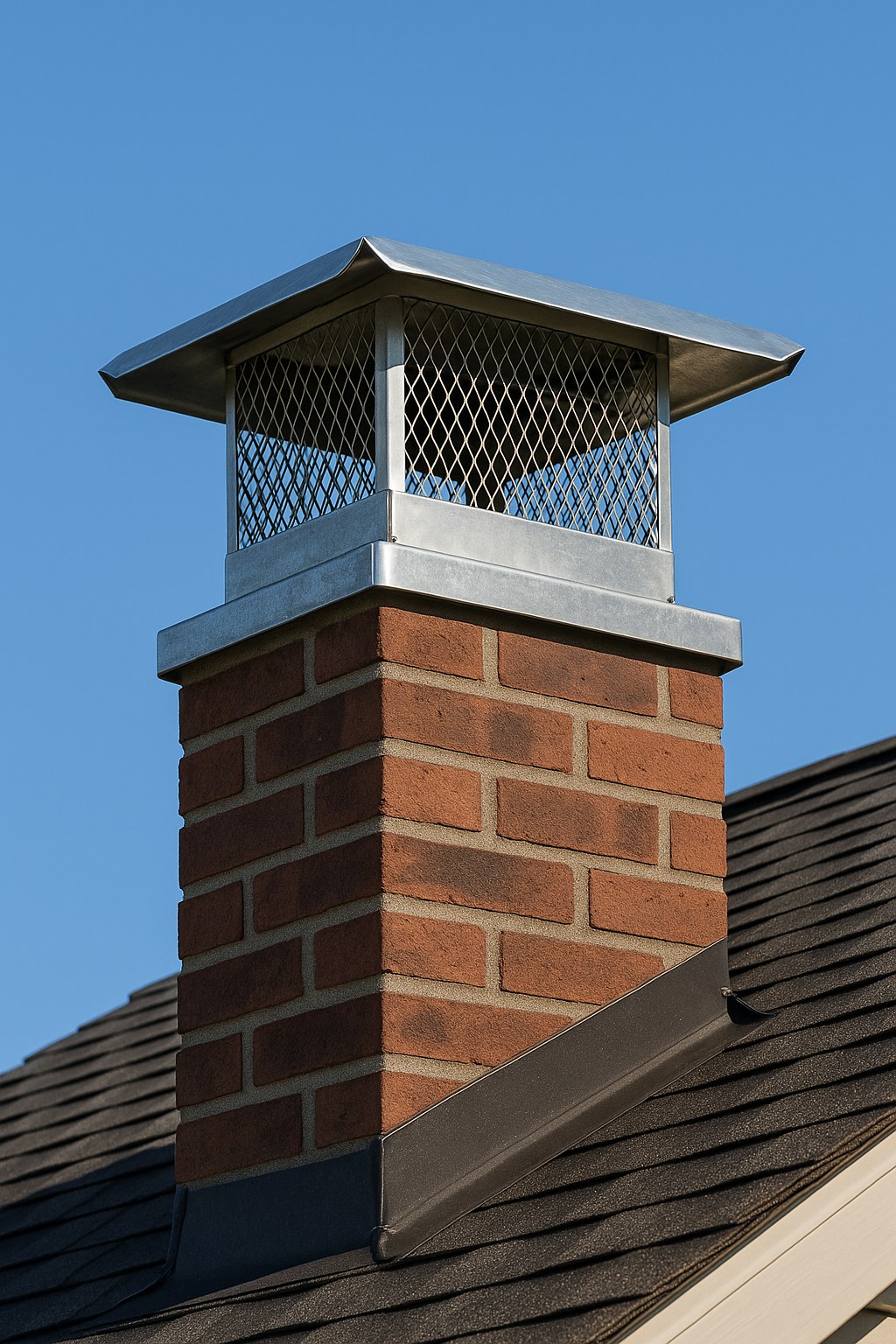 A metal chimney cap on top of a brick chimney.