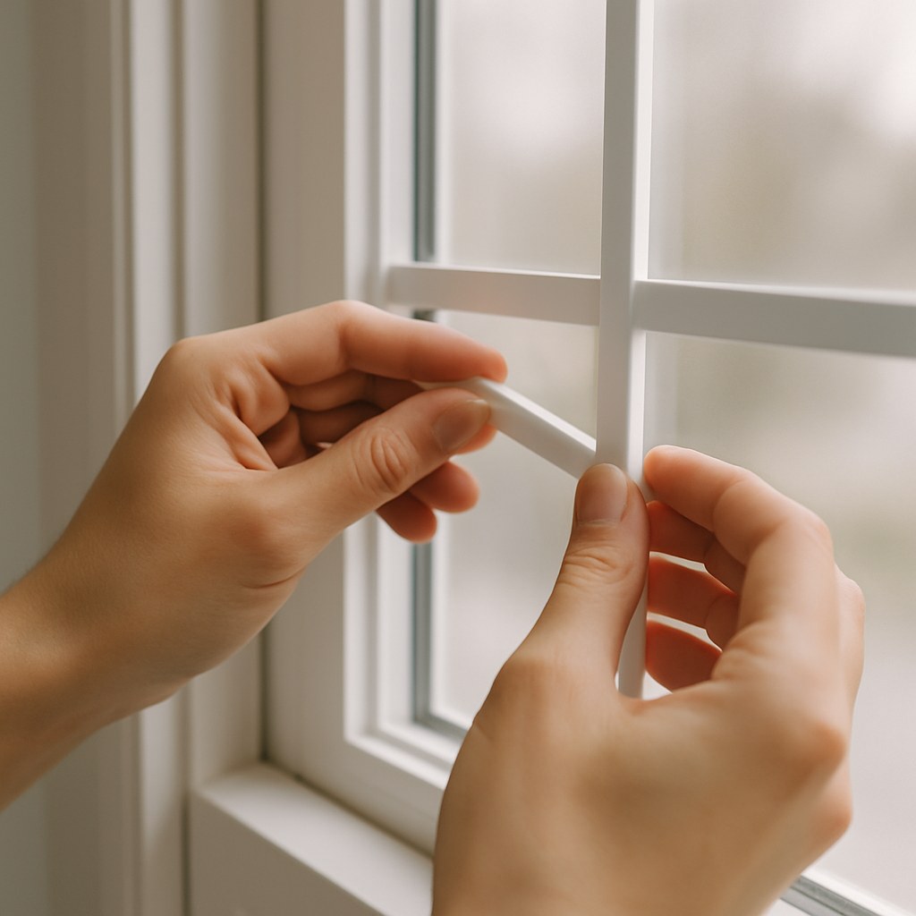A person inspecting a window grid to determine if it is removable.