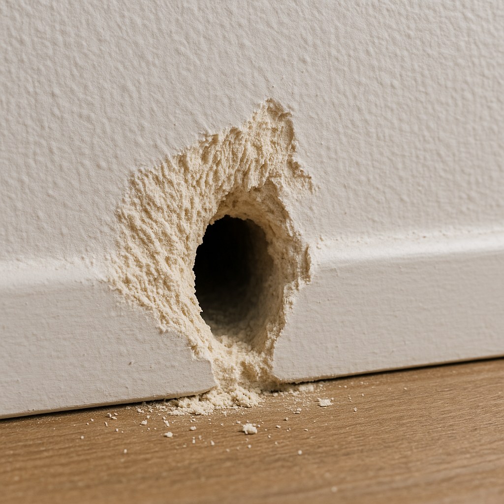 Gnaw marks from a rodent on a wall near the floor