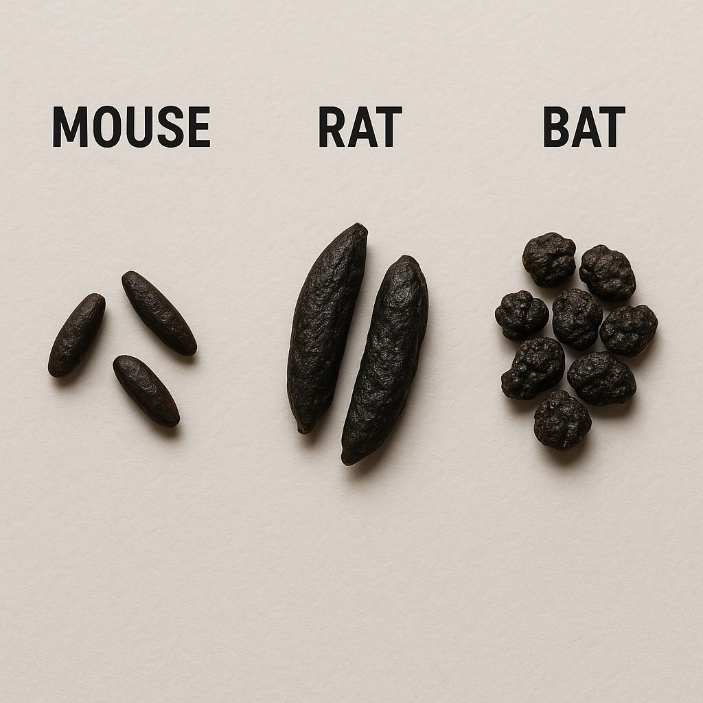 Comparison of mouse, rat, and bat droppings to help with identification