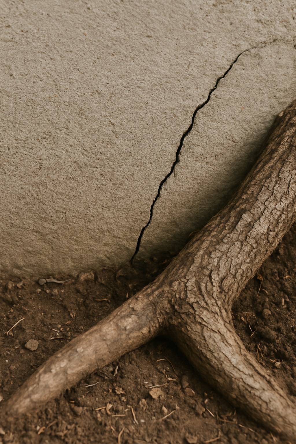 A hairline crack in a home's foundation near a large tree root