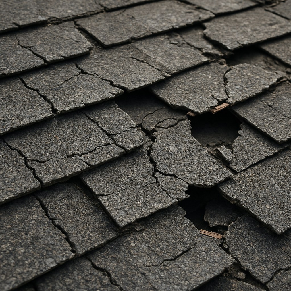 Damaged asphalt shingles on a residential roof
