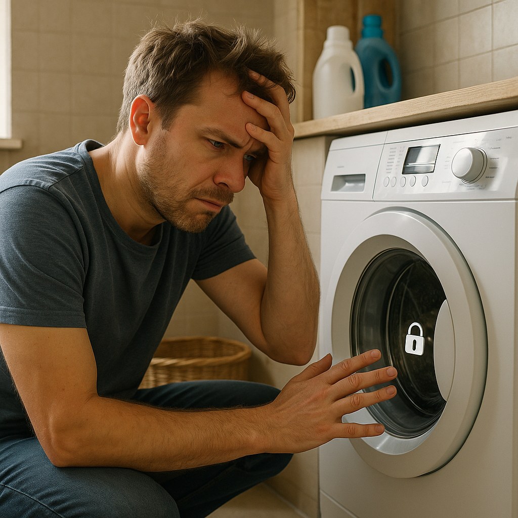 A washing machine with a locked door and a frustrated person standing next to it.