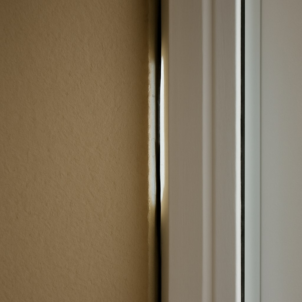 A visible gap alongside a window frame letting in daylight and a cold draft.