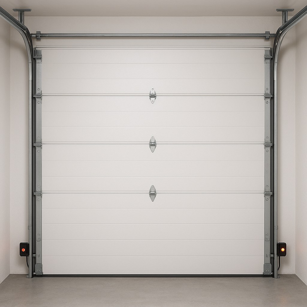 A garage door in the open position showing the path it takes to close