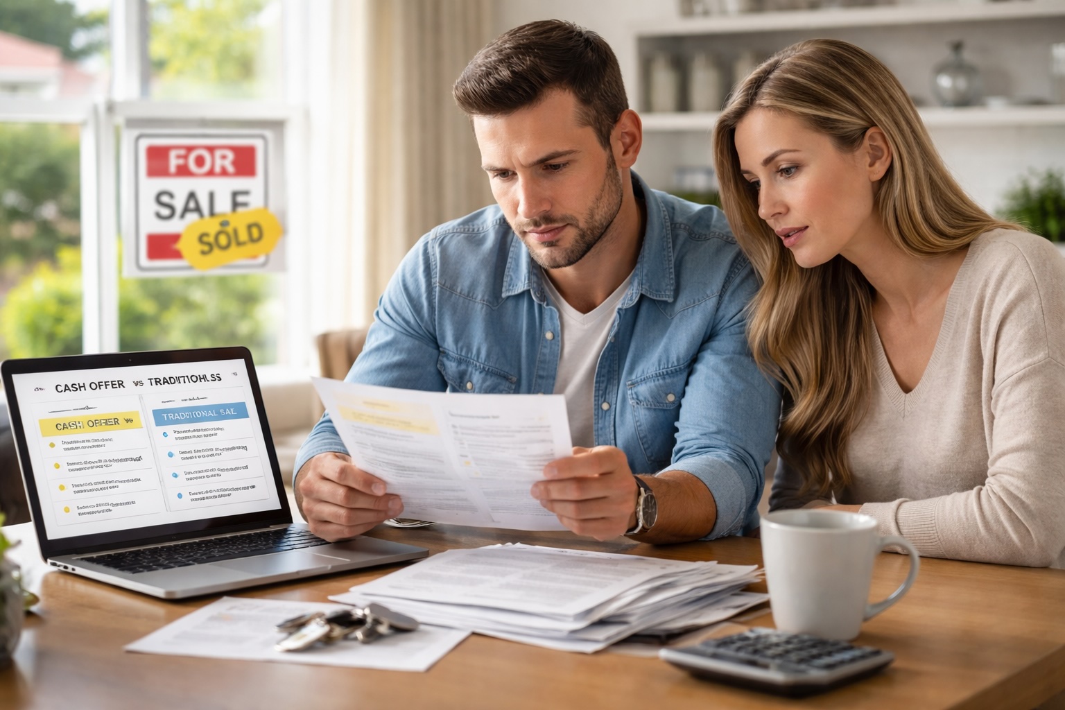 A homeowner reviewing financial paperwork while looking at a house for sale.