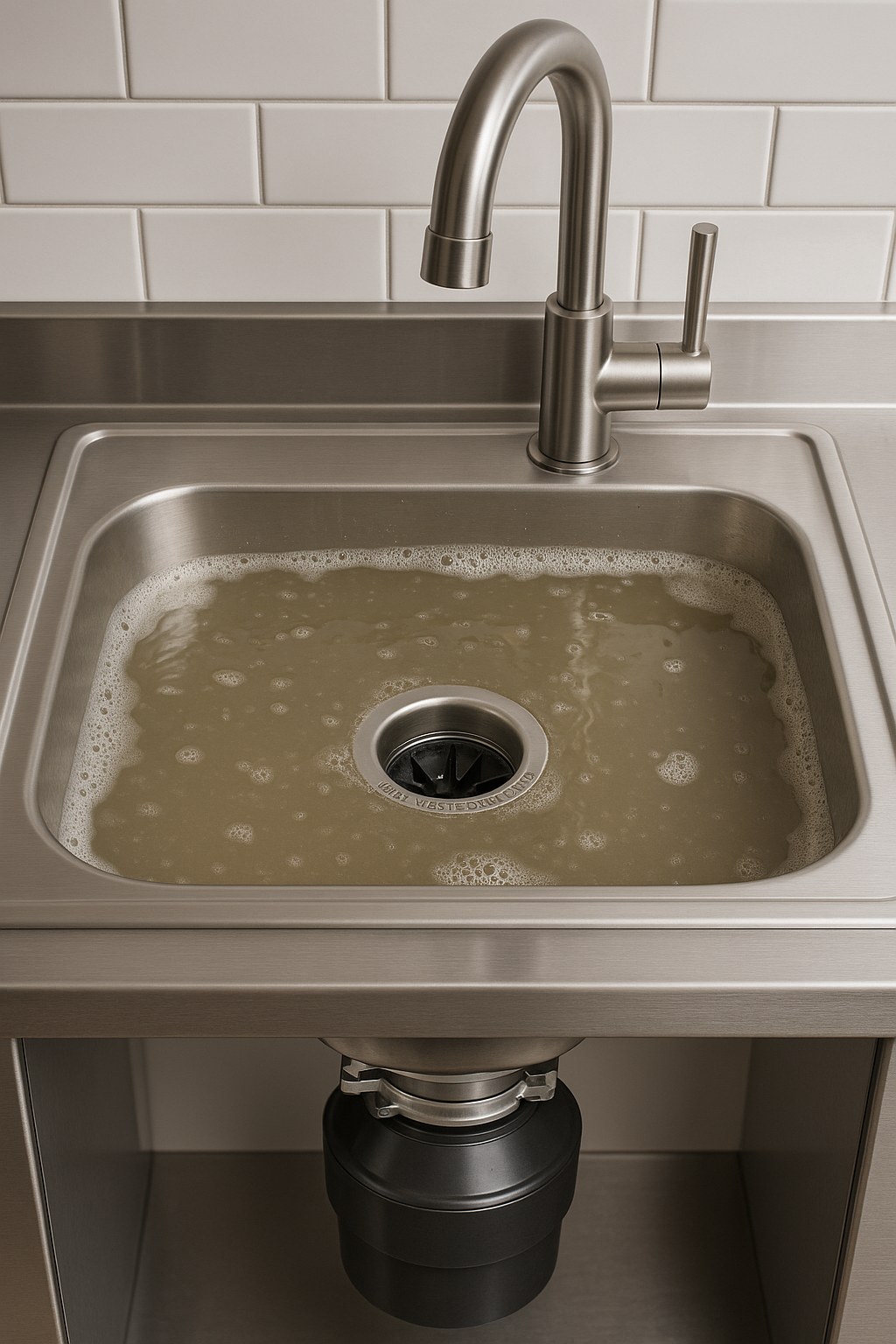 Dirty water backing up into a kitchen sink from a garbage disposal