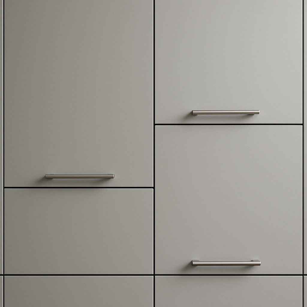 A set of kitchen cabinets with misaligned doors and uneven gaps.