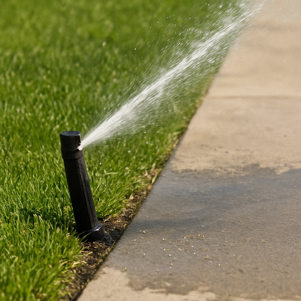 A misaligned sprinkler head spraying water onto a sidewalk