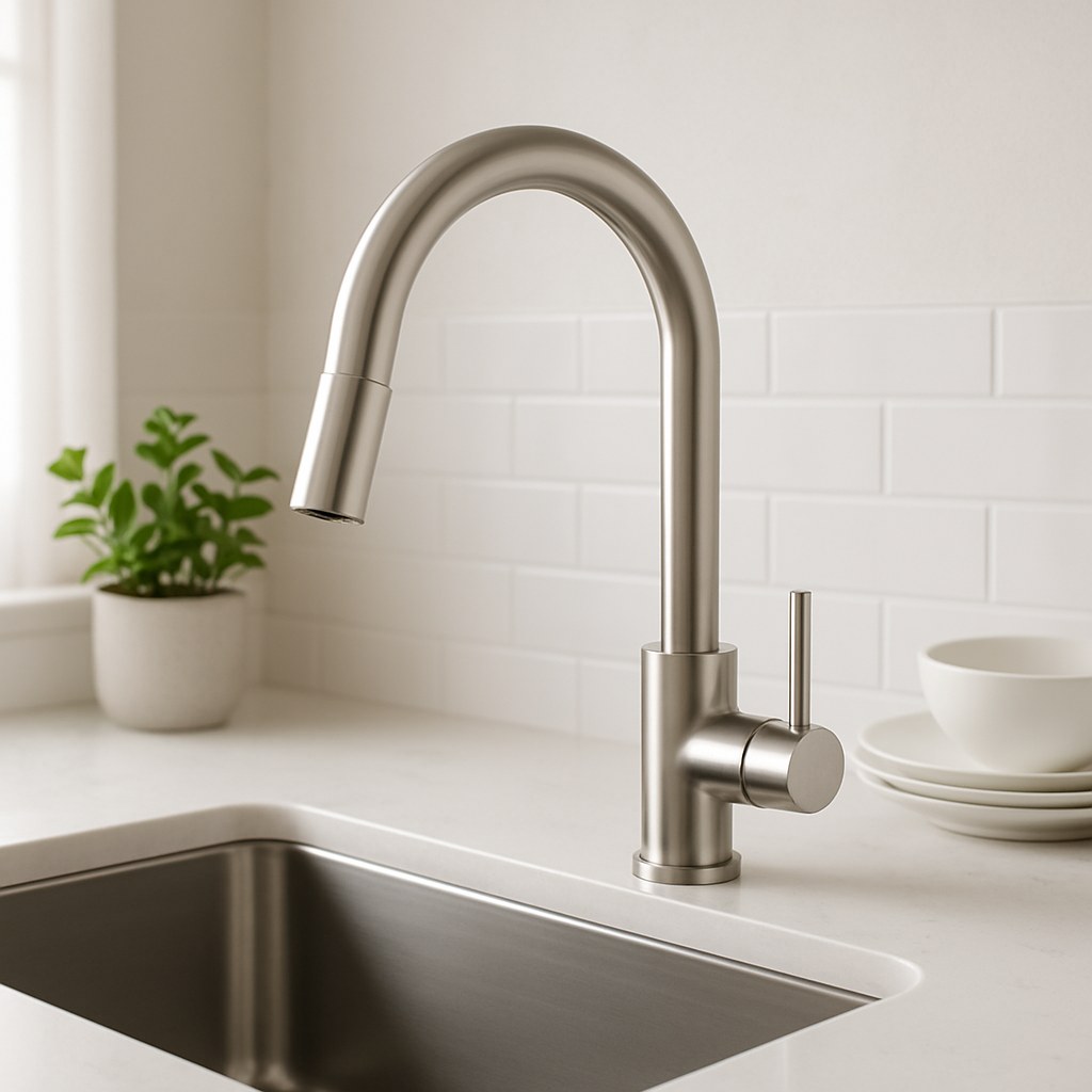 A newly installed chrome sink faucet on a white countertop