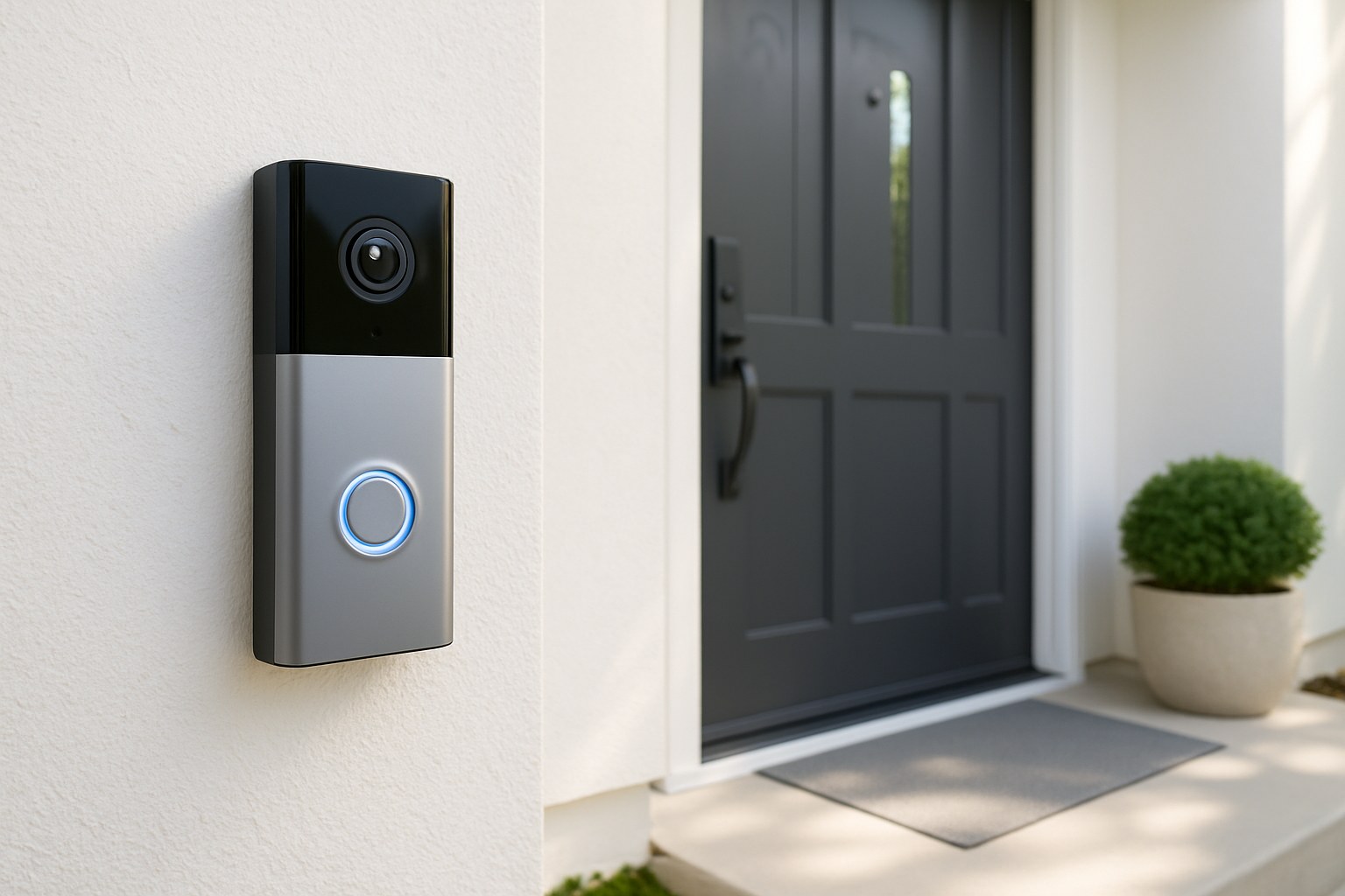 A newly installed smart video doorbell on a home's exterior wall