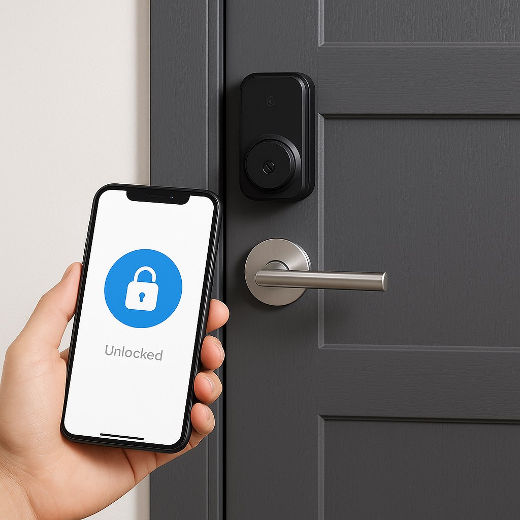 A person using their smartphone to unlock a newly installed smart lock on their front door