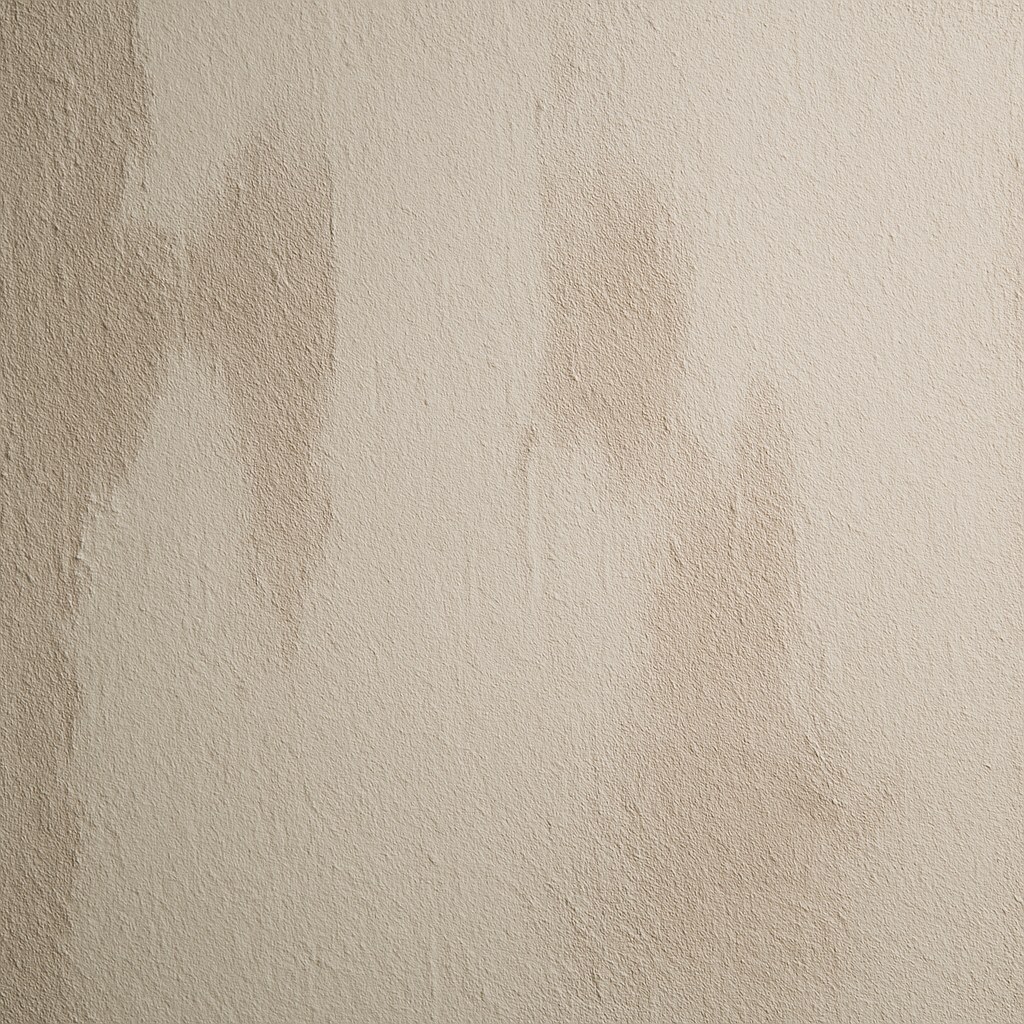 A newly painted light-colored wall with the old, darker paint color bleeding through.