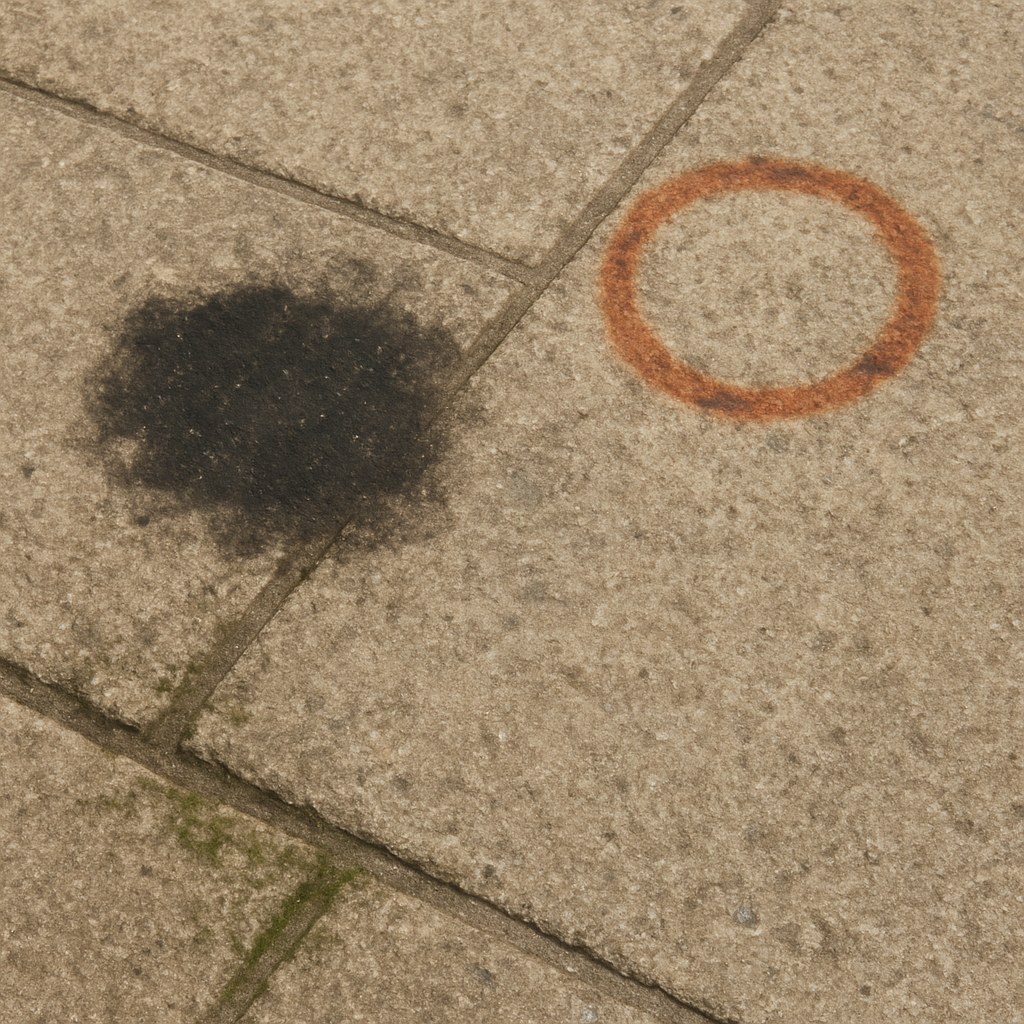 A patio surface made of pavers showing various stains including oil, rust, and mildew.