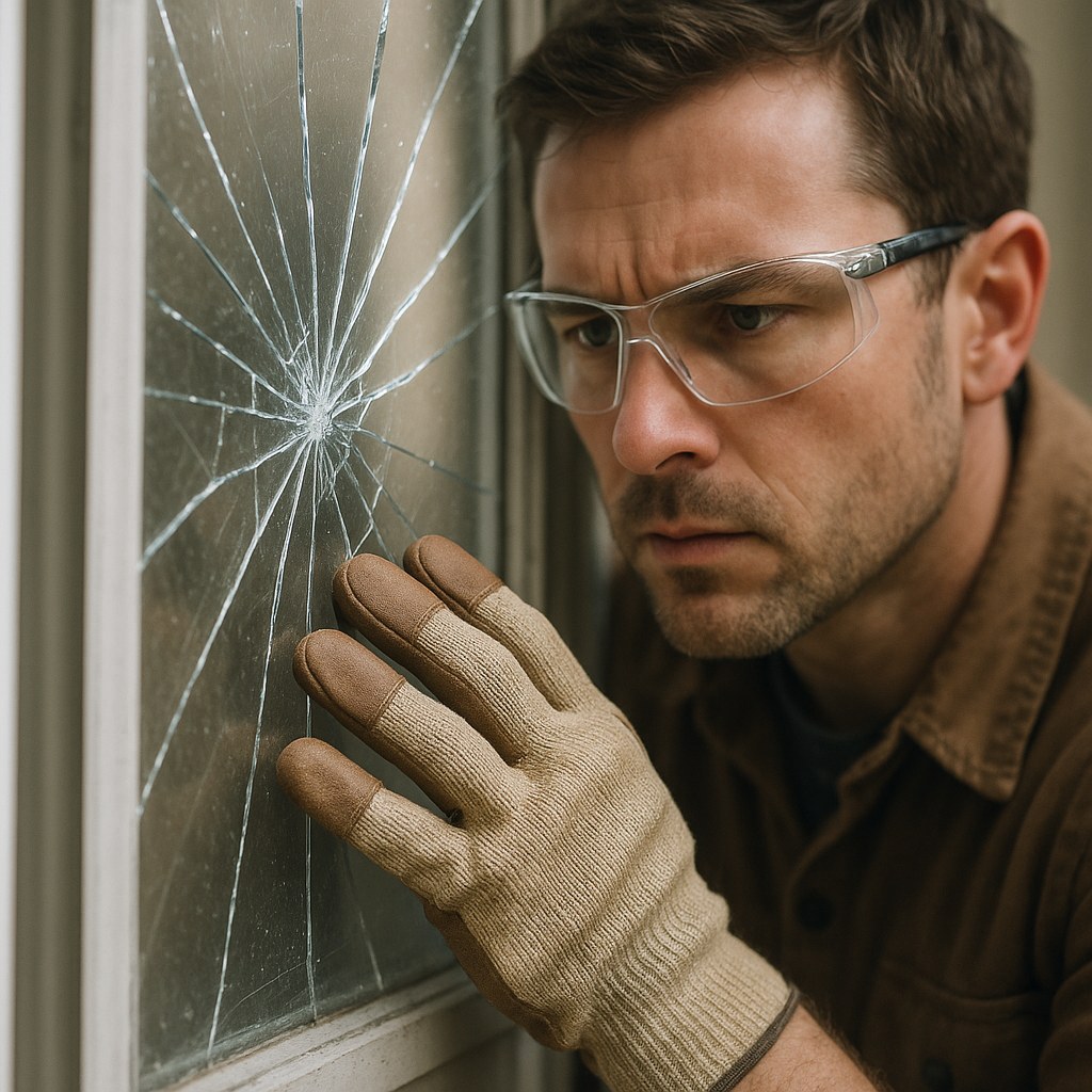 A person wearing protective gear assessing a cracked window.