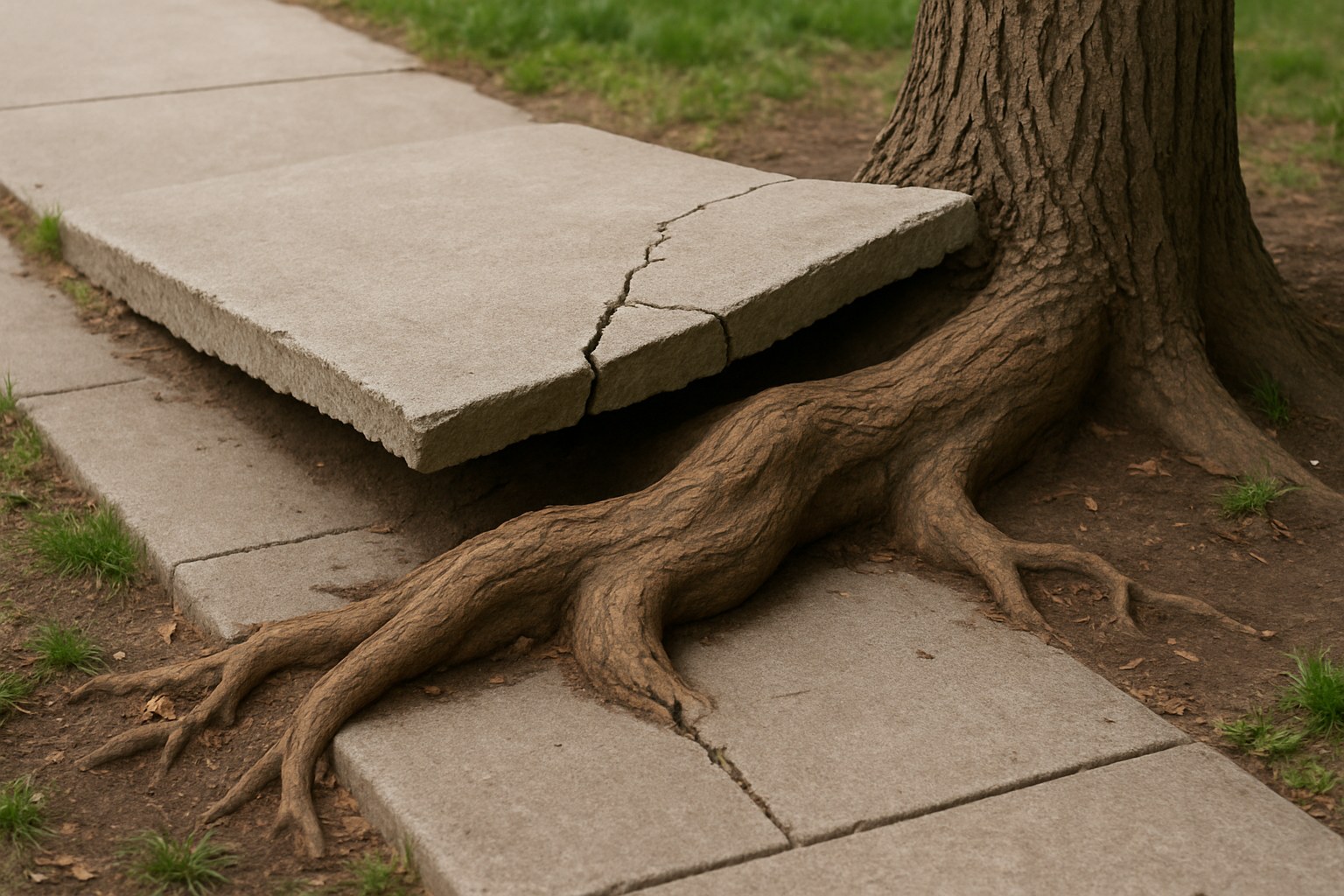 A sidewalk cracked and lifted by invasive tree roots