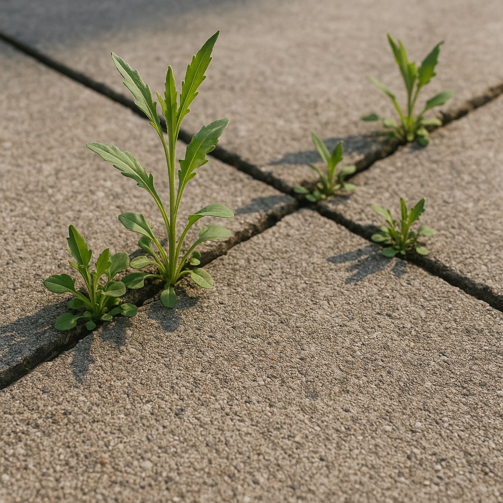 Close-up of stubborn weeds growing in the cracks of a concrete sidewalk.
