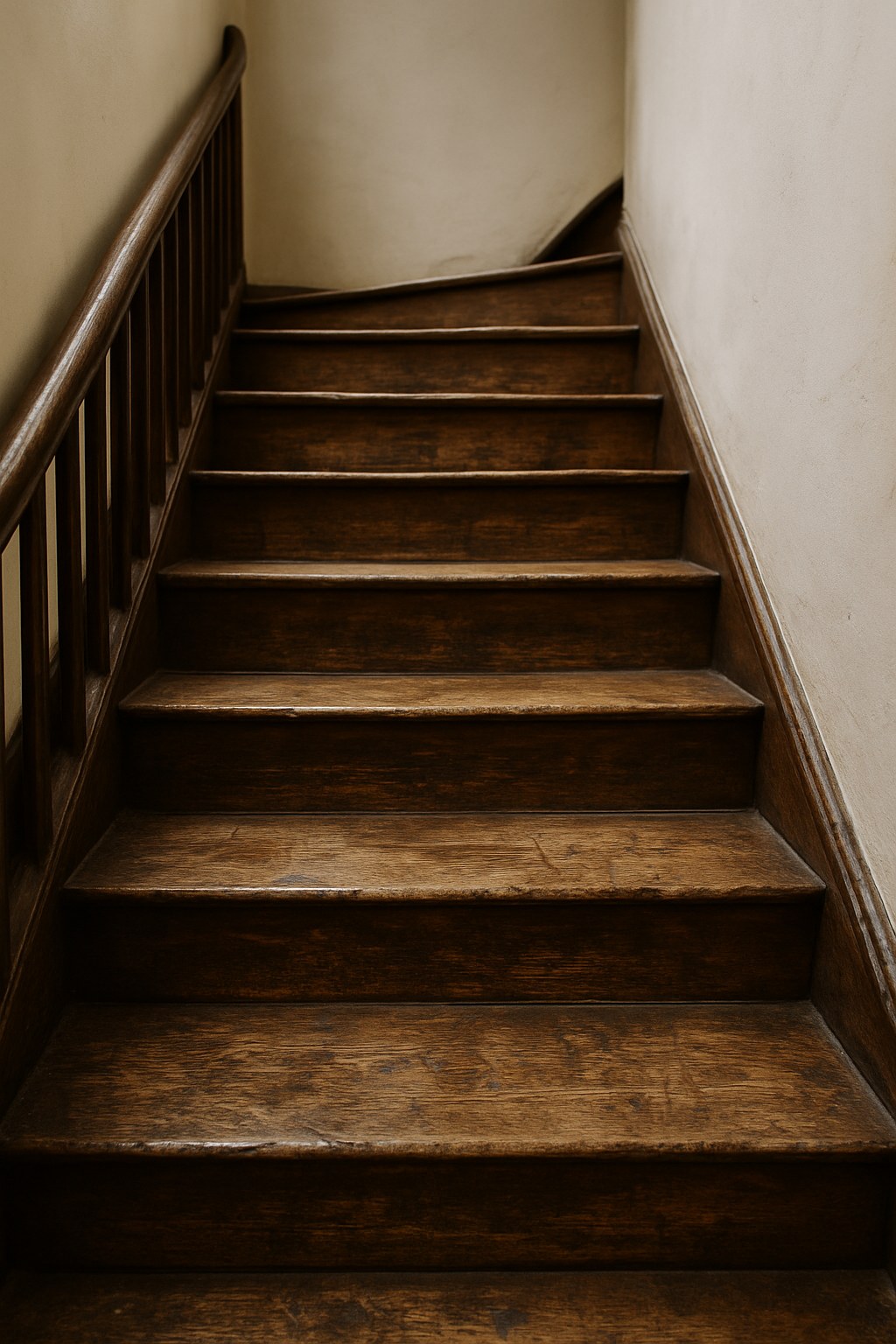 A worn wooden staircase with scuff marks and a faded finish in need of repair.