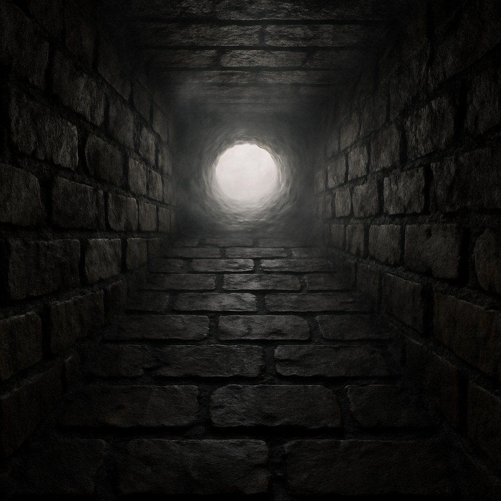 A view looking up a brick chimney flue with visible black soot and creosote buildup
