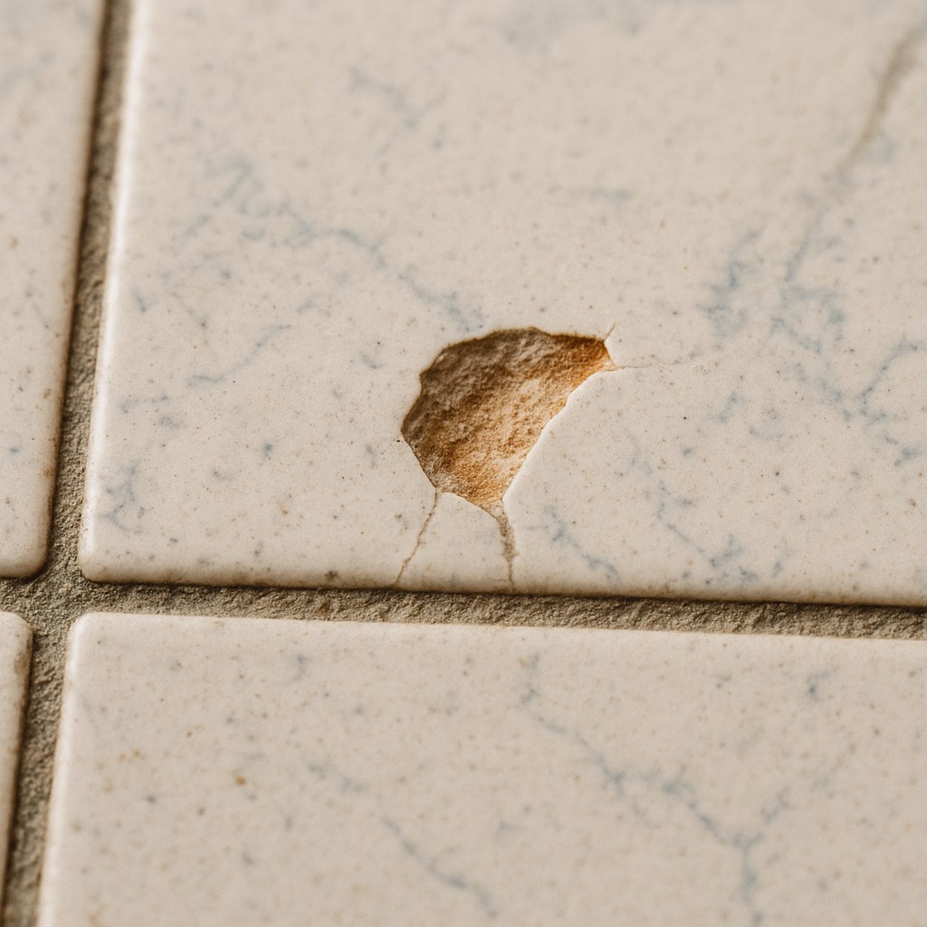 A close-up view of a noticeable chip on a gray ceramic floor tile