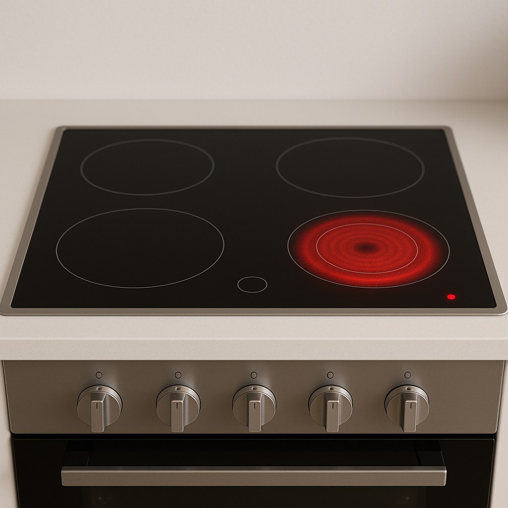 An electric stove cooktop with a burner indicator light that is stuck on