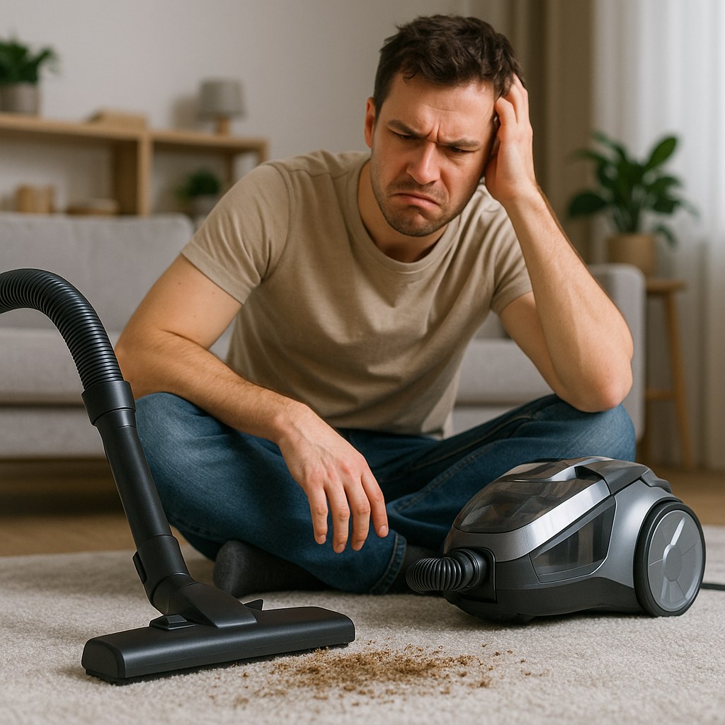 A vacuum cleaner with weak suction failing to clean a carpet.