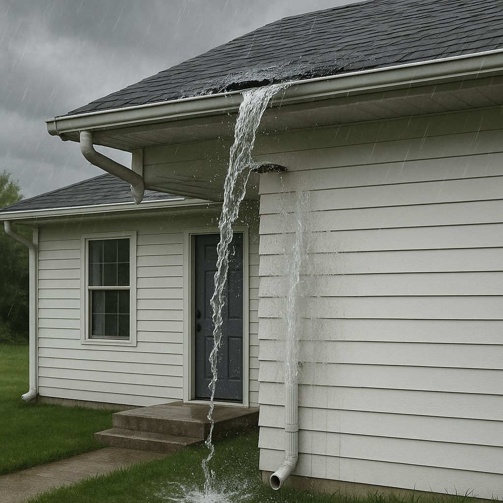 A gutter overflowing with water because of a missing downspout.