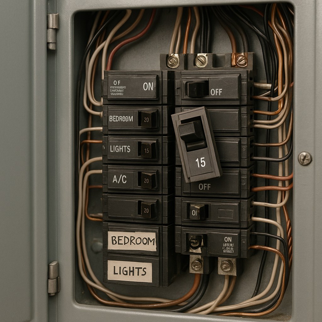A person's hand pointing to a wobbly circuit breaker inside an open electrical panel
