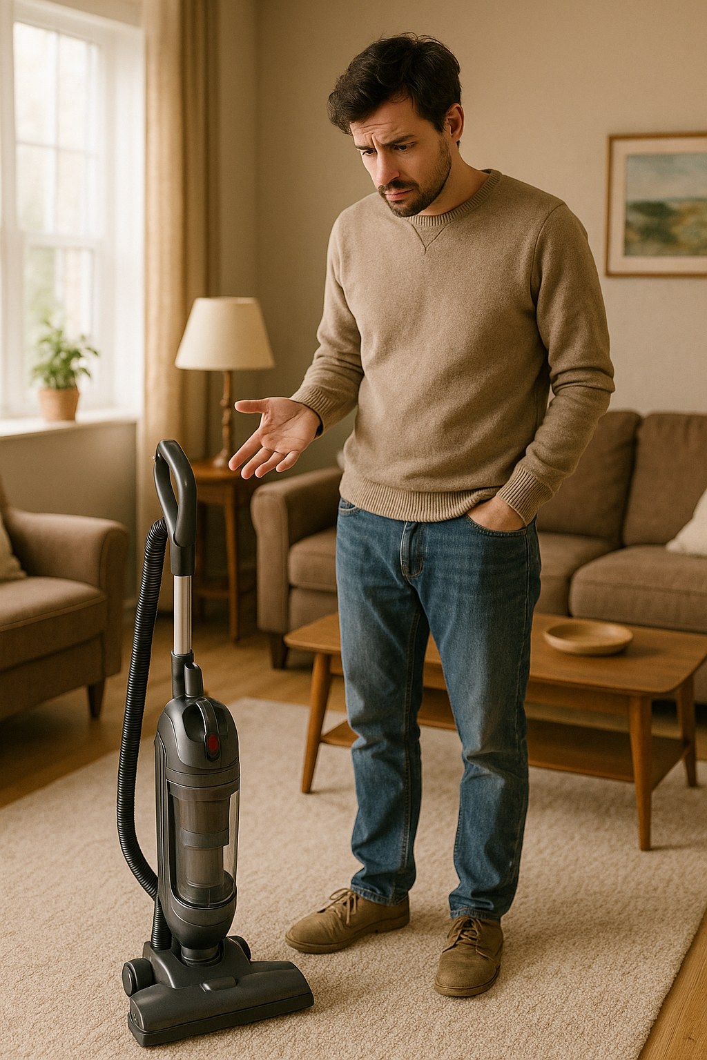 A vacuum cleaner that has unexpectedly shut off on a rug