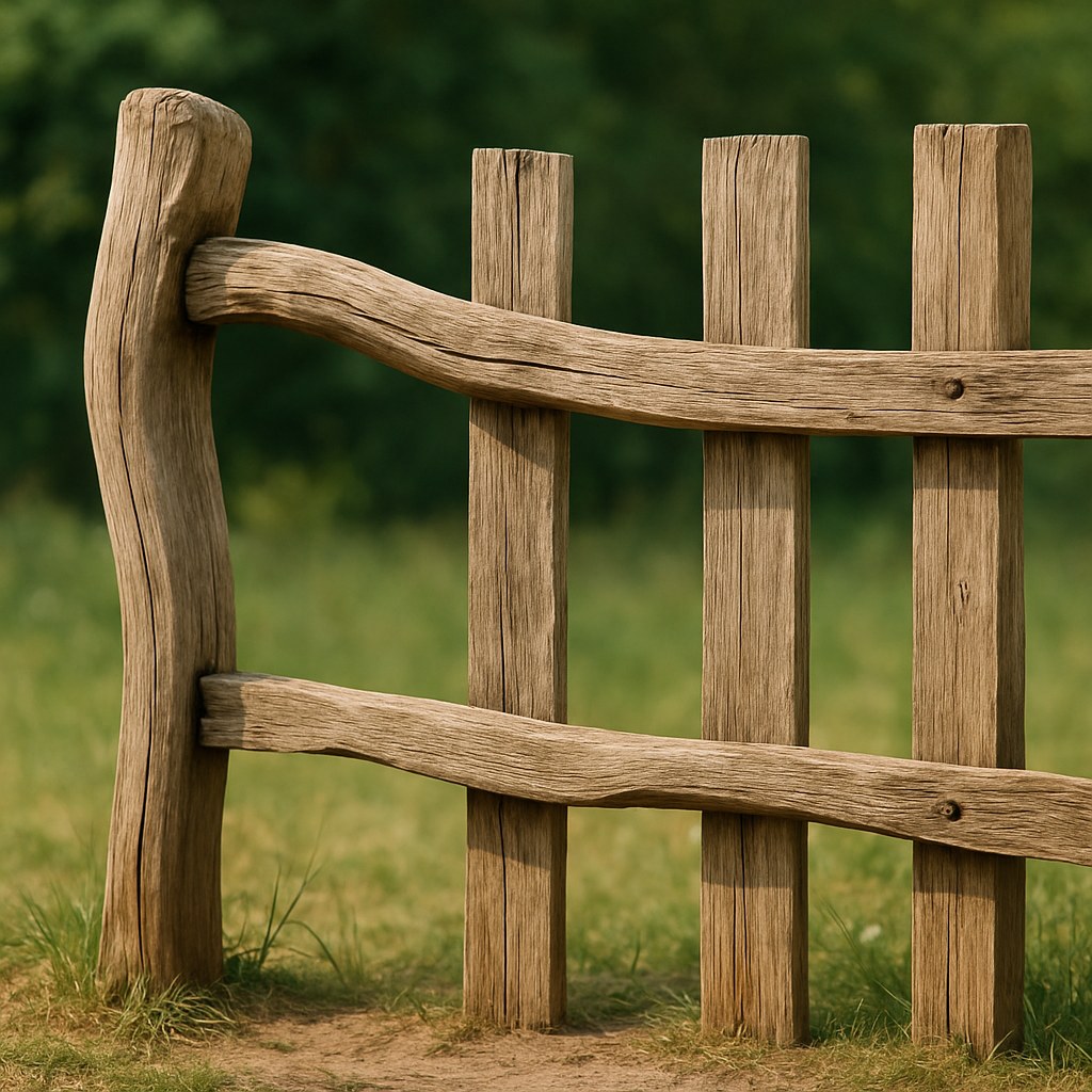 A fence with a warped post and a sagging rail, indicating a need for repair.