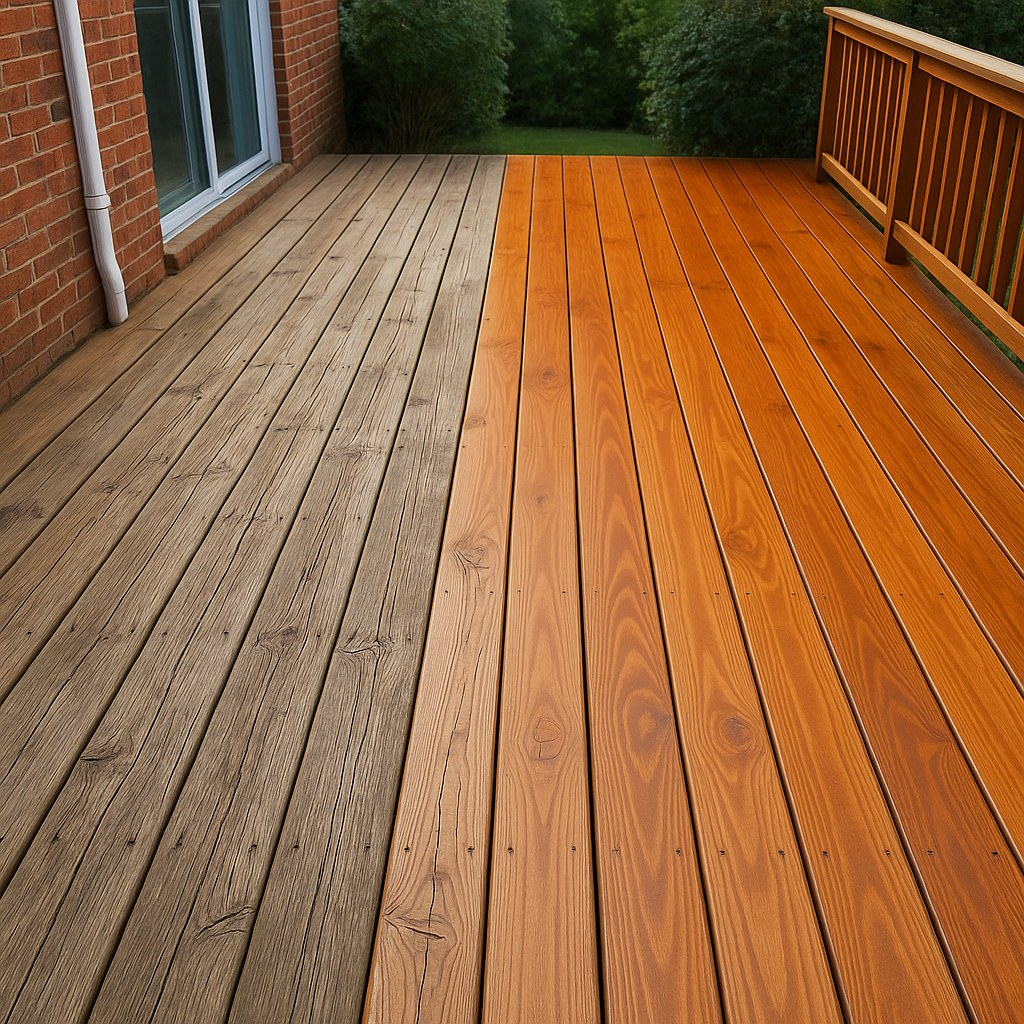A wooden deck with some boards needing replacement